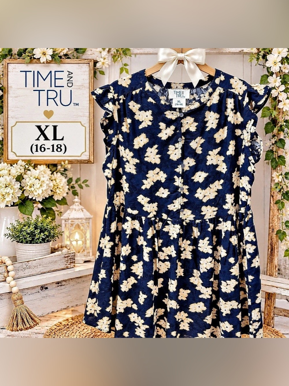 Time and Tru Floral Button-Front Dress Blue & White Girls XL (16-18)